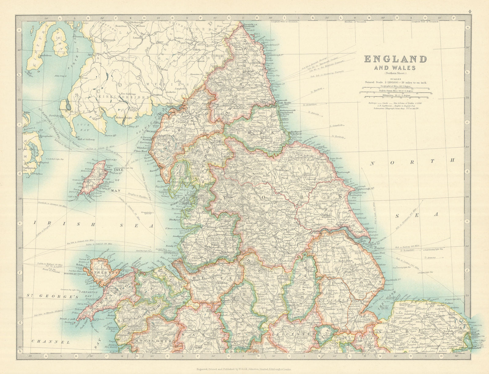 NORTHERN ENGLAND & WALES Yorkshire Ridings Lincolnshire Parts. JOHNSTON 1913 map